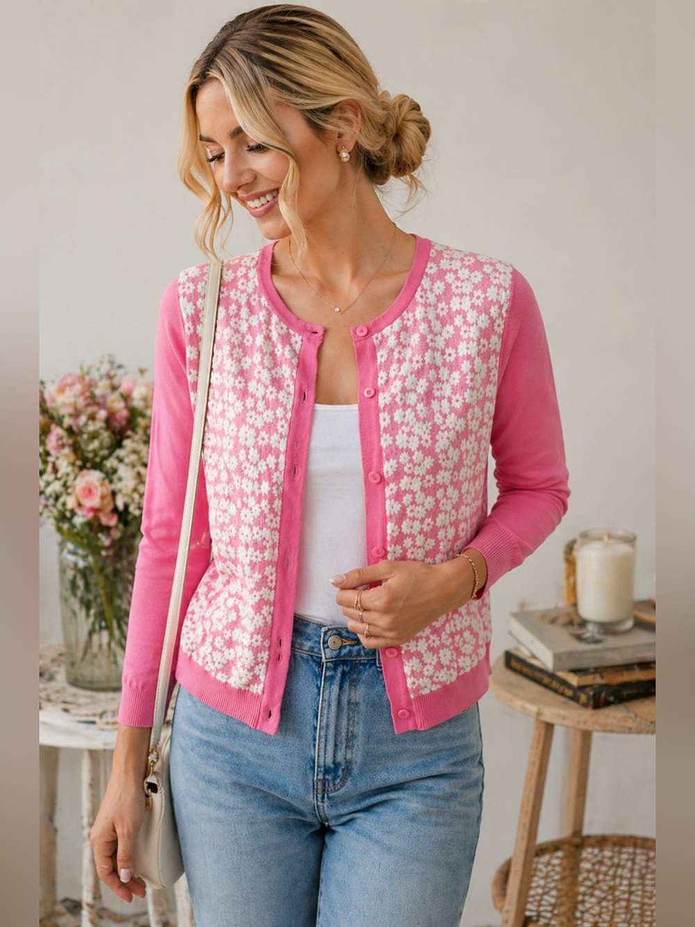 Crown & Ivy Pink Floral Cardigan Size Small Button Front Lightweight Preppy